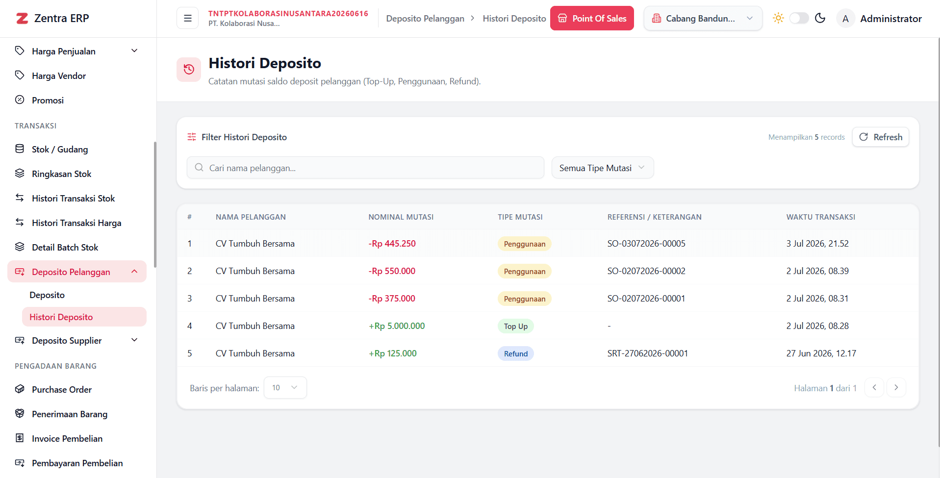 Deposit Vendor & Customer